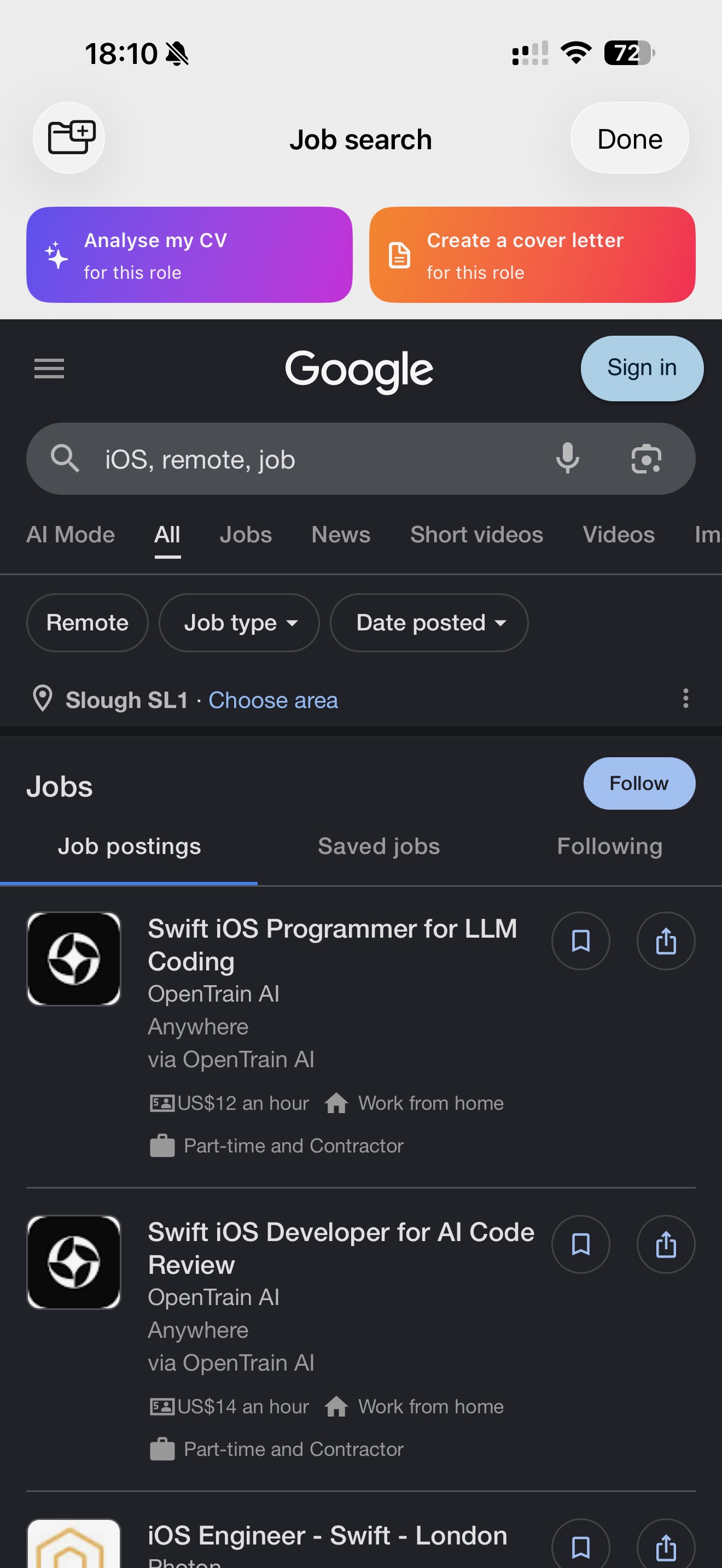 Job search results in Job Buddy